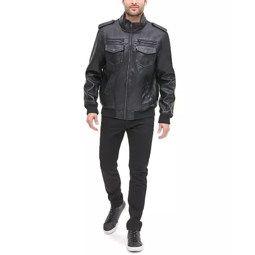 Levis Faux Leather Jacket Coat Sherpa Lined Black Aviator Bomber Size XL